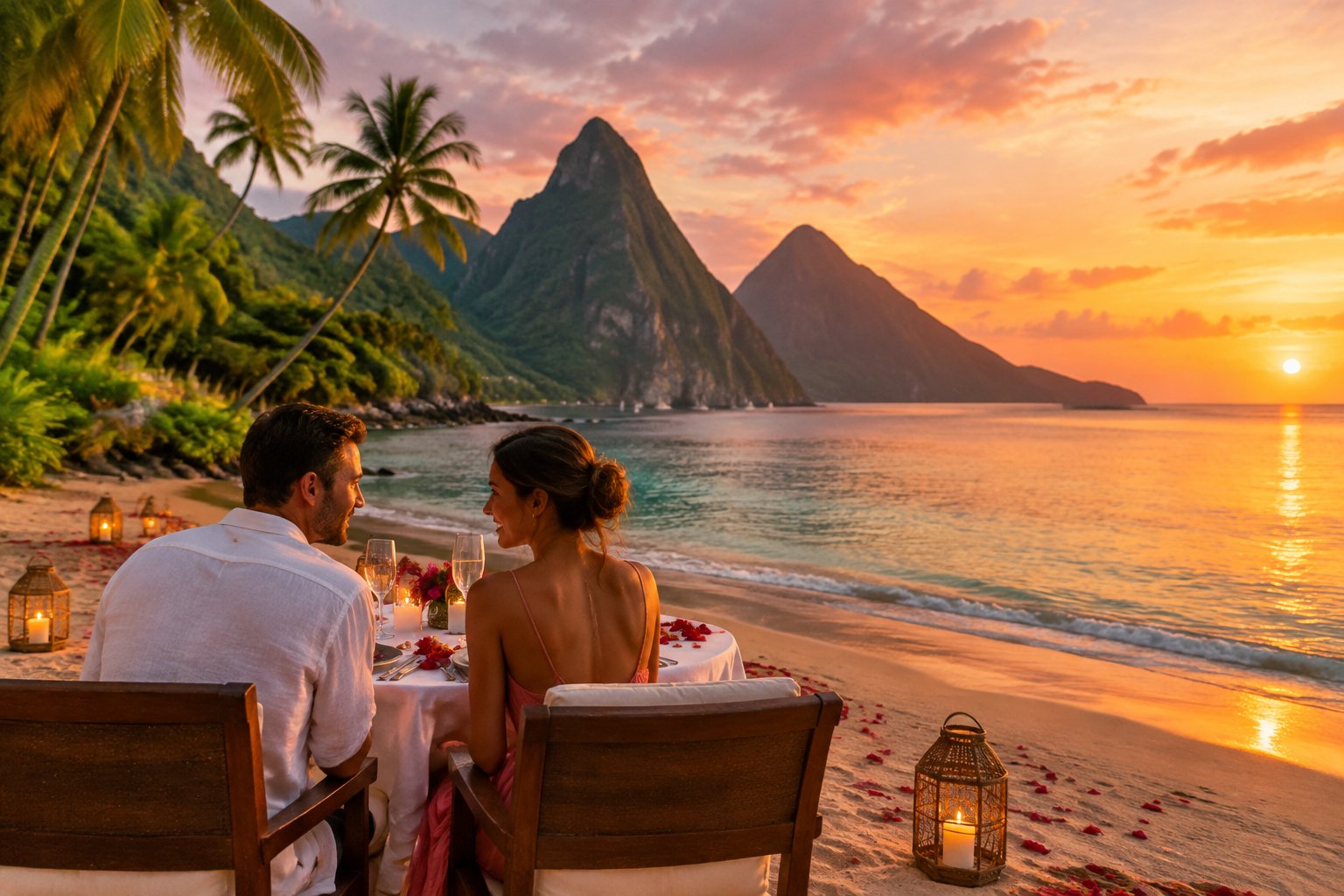 A couple shares a candlelit dinner on a tropical beach with St. Lucia’s Pitons in the distance.