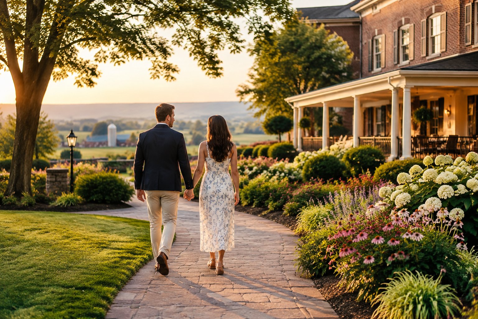 A couple walks hand in hand through the gardens of a resort.