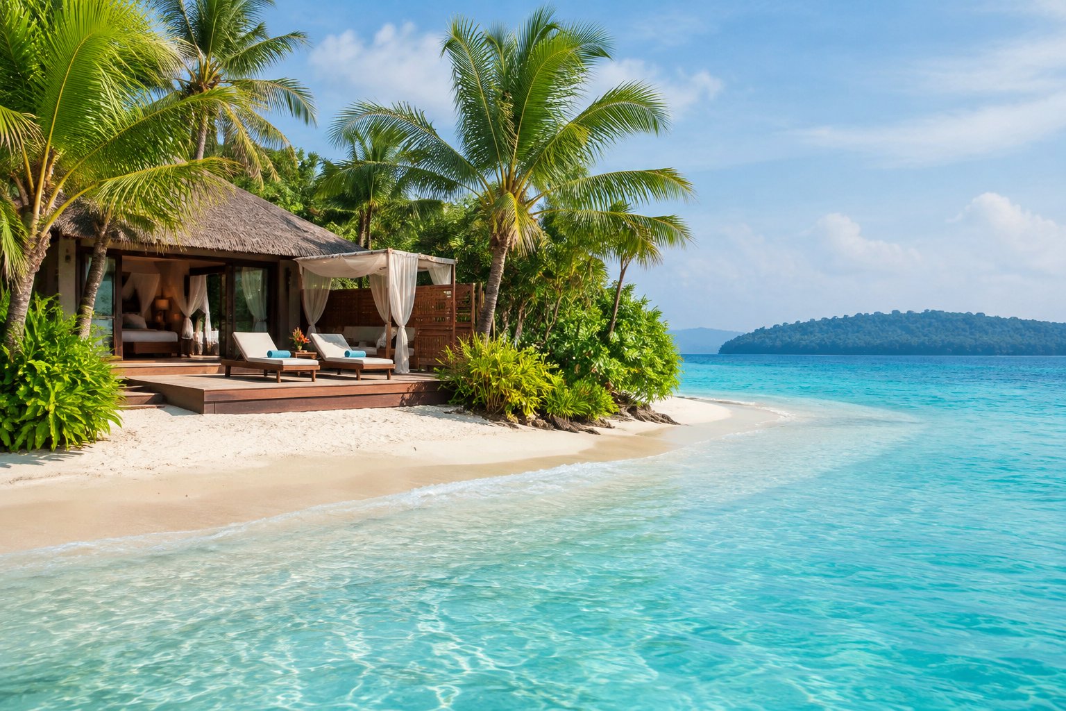 A secluded tropical resort villa beside turquoise water on Havelock Island.