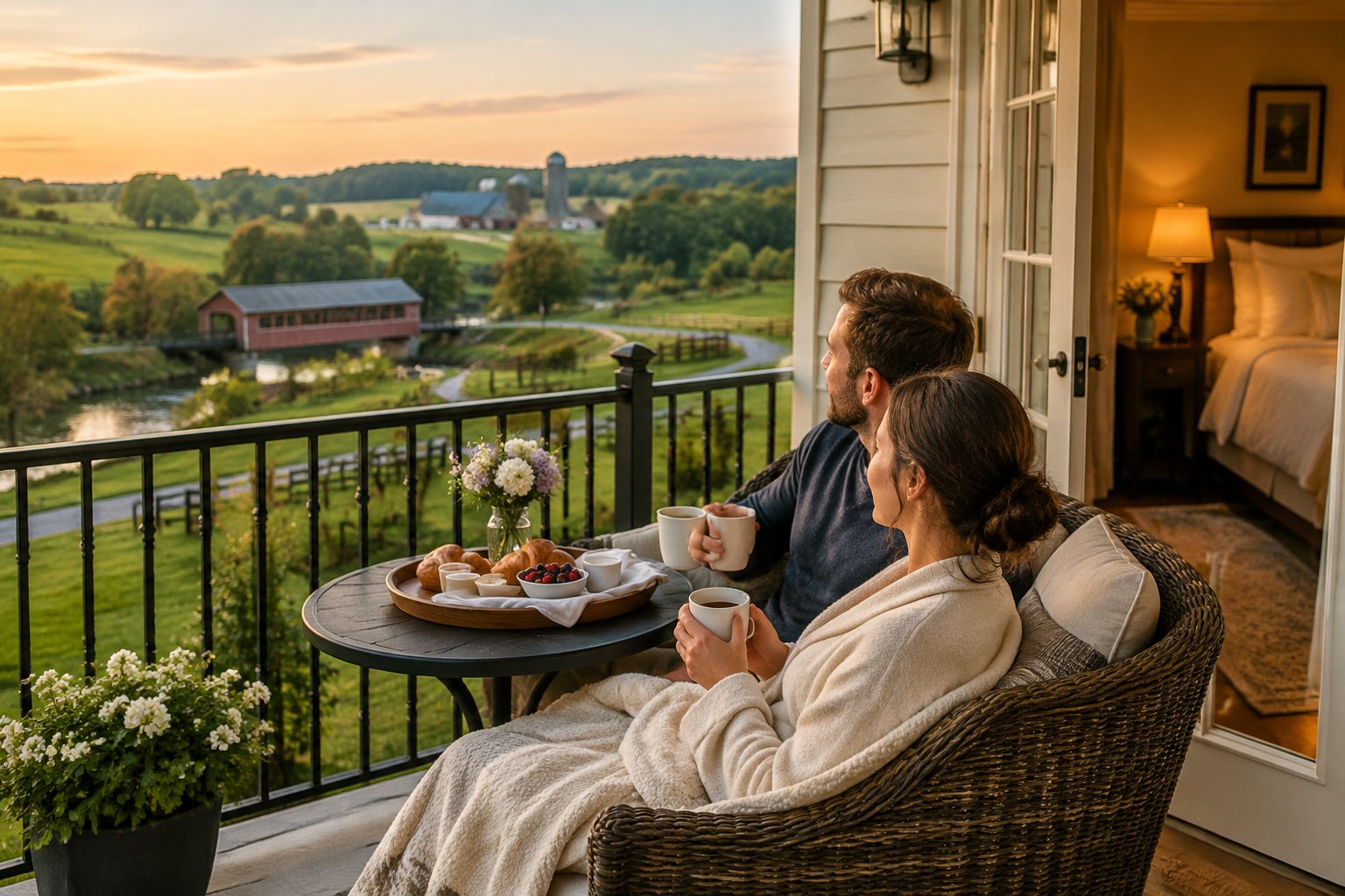 A couple shares a quiet moment on an inn balcony overlooking Lancaster countryside.