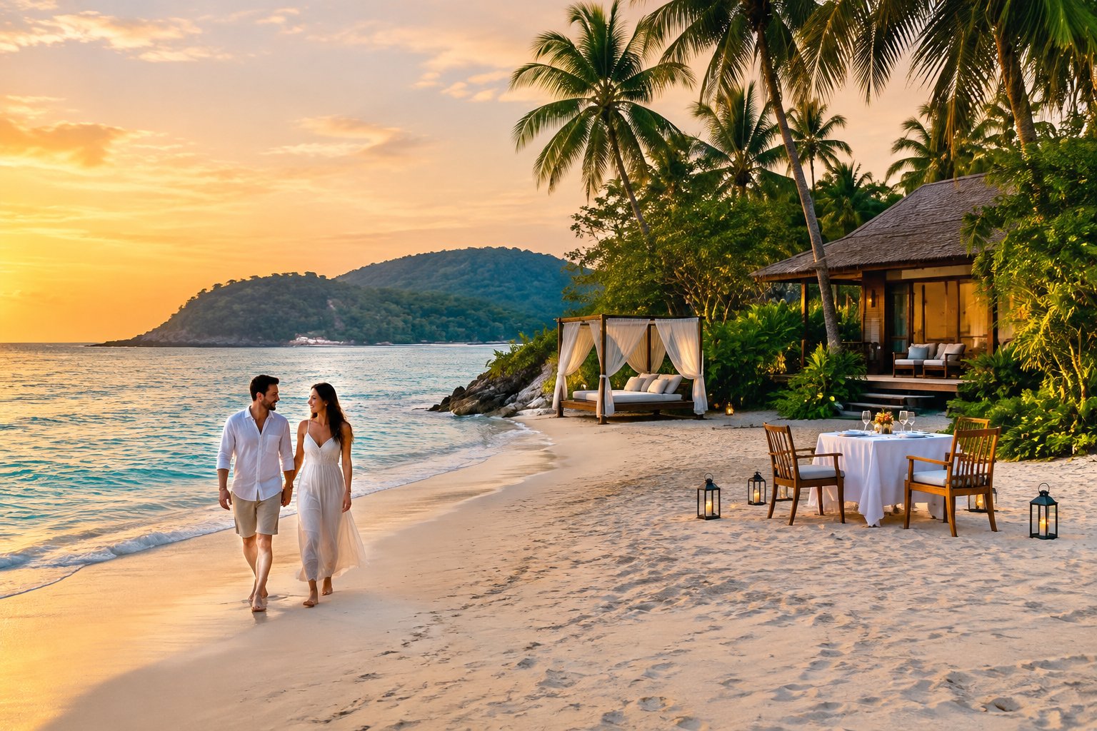 A couple walks beside the sea at a tropical island resort.