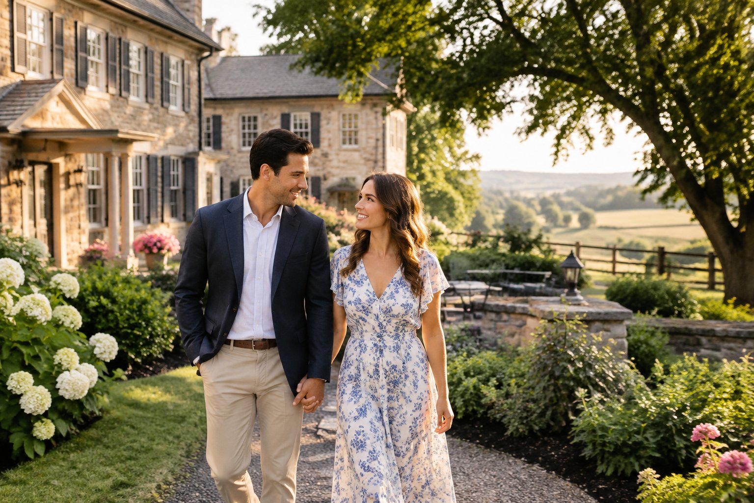 A couple shares a quiet moment in the garden of a country manor.