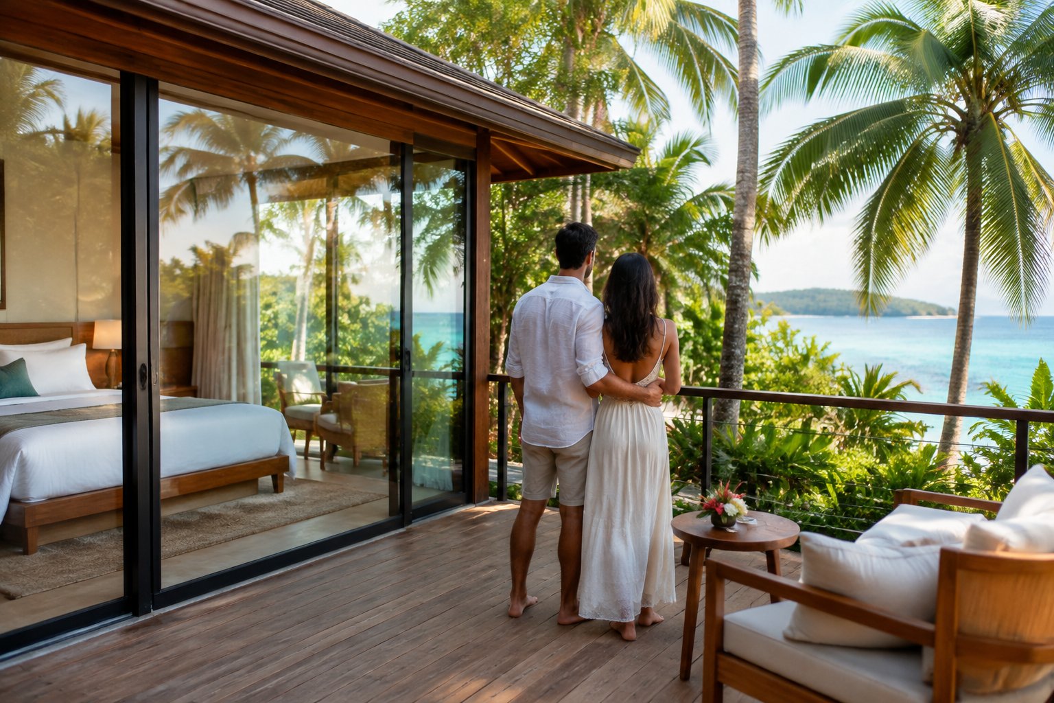 A couple stands on a resort villa deck overlooking tropical greenery and turquoise water.