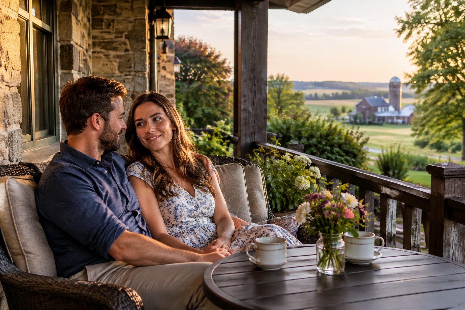 A couple shares a quiet moment on the veranda of a countryside inn.