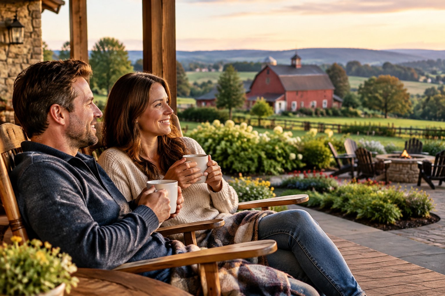 A couple relaxes together on a porch overlooking Lancaster County farmland.