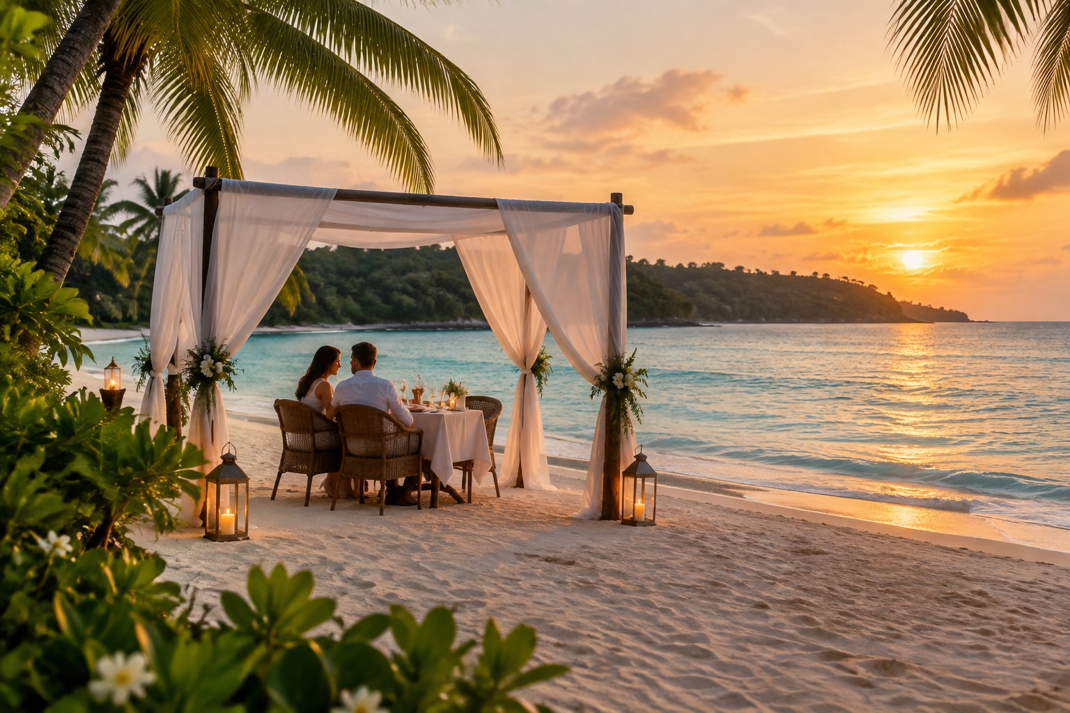 A couple shares a candlelit dinner on a tropical beach at sunset.