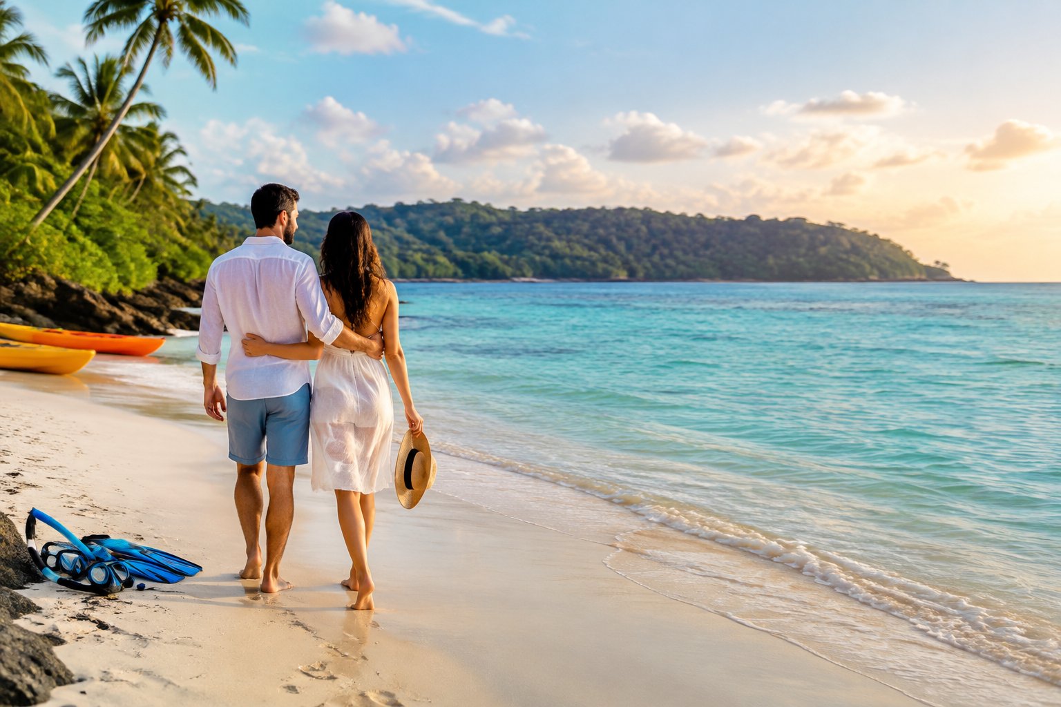 A couple walks along a tropical beach beside calm turquoise water.