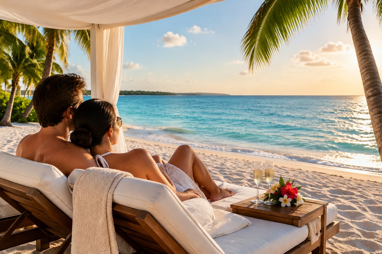 A newlywed couple relaxes together on a white-sand beach beside turquoise water.