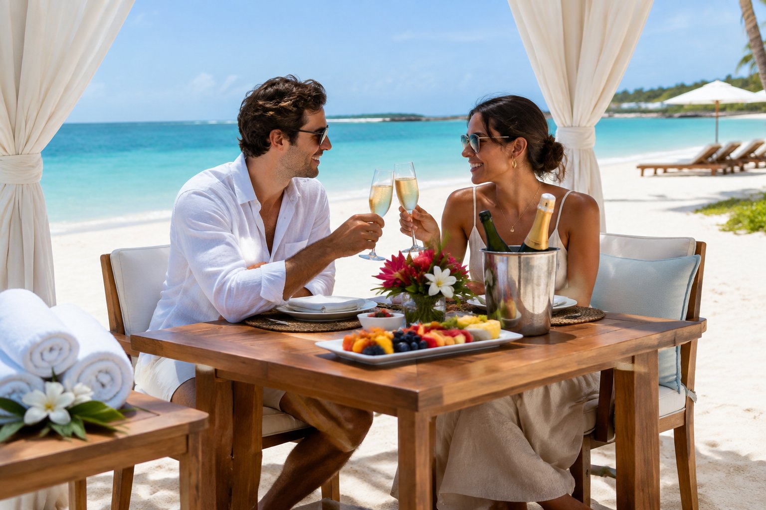 A newlywed couple shares a beachside table with sparkling wine and tropical fruit on a turquoise-water beach.