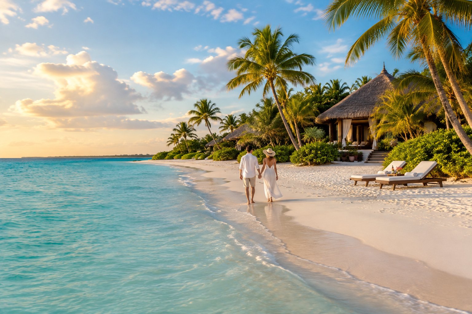 A couple walks hand in hand along a turquoise beach toward a tropical resort.