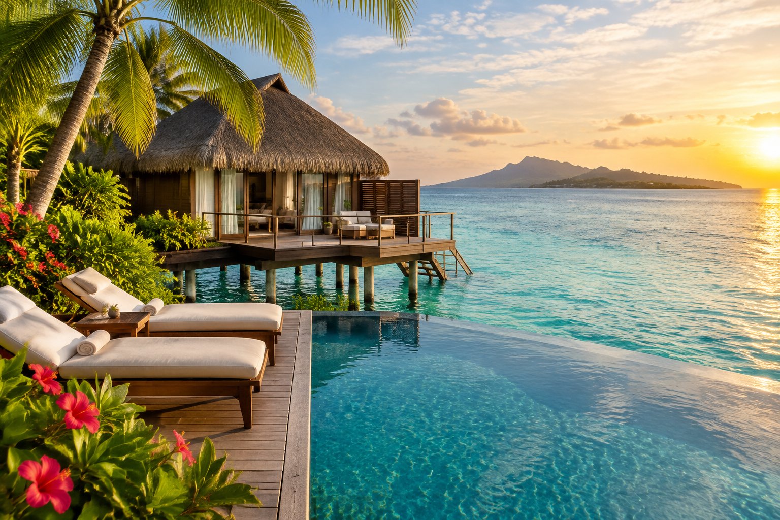 An overwater villa and infinity pool at a tropical island resort.