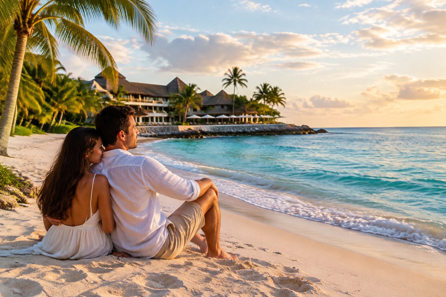 A couple shares a quiet moment on a tropical beach beside a Caribbean resort.