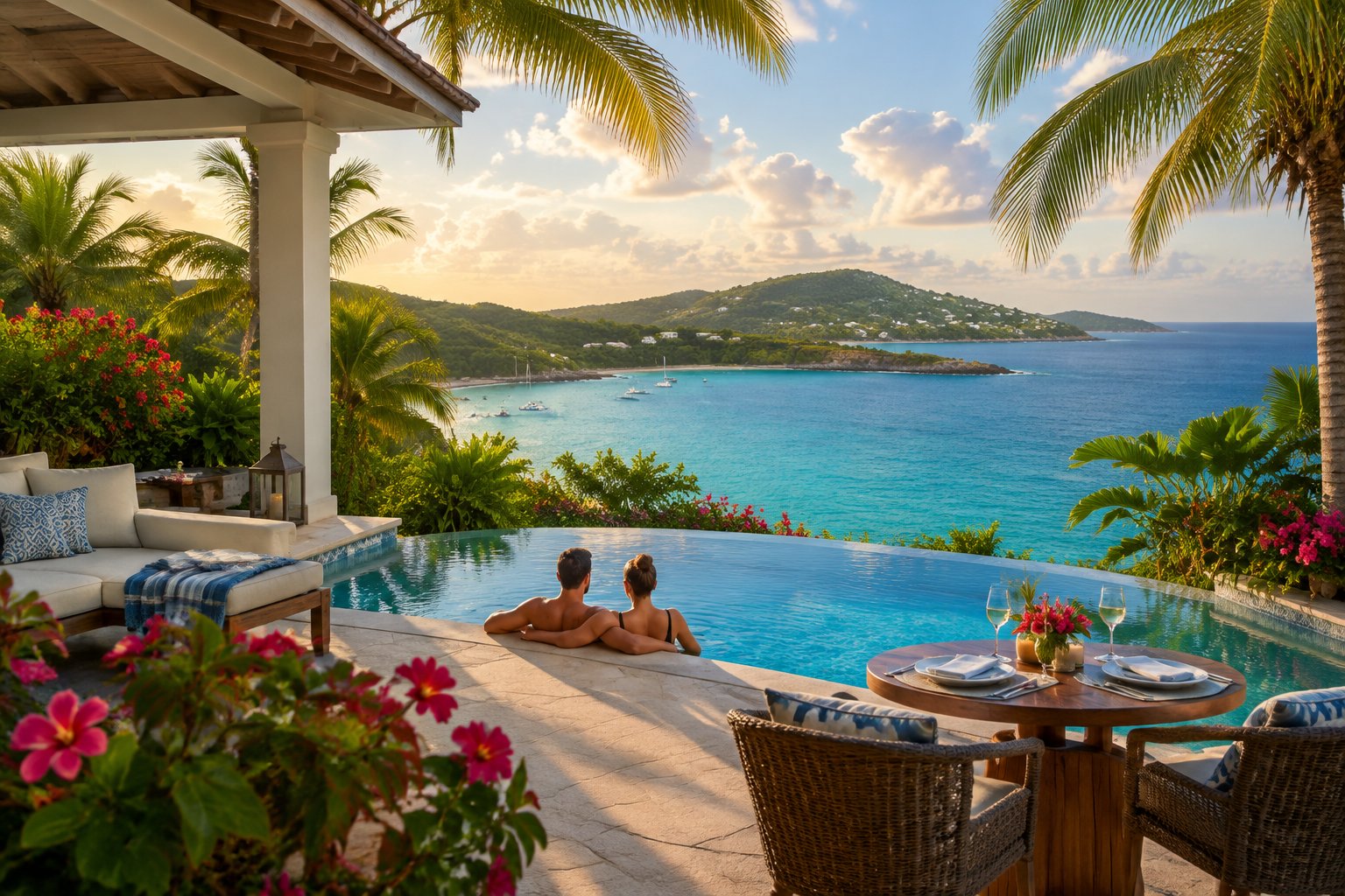 A couple relaxes beside an infinity pool overlooking the turquoise sea at a tropical resort.