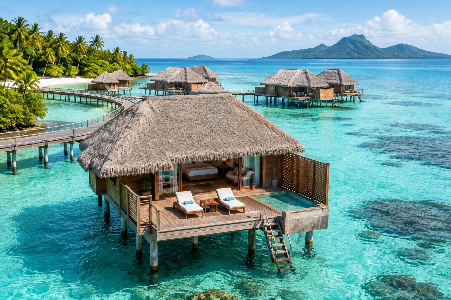 Overwater villas along a wooden walkway above a clear tropical lagoon.