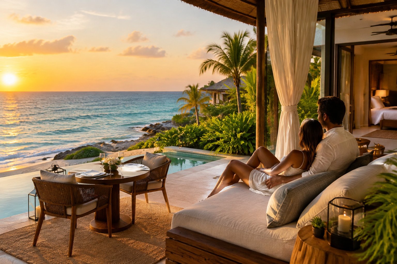 A couple relaxes together on a resort terrace overlooking the sea.