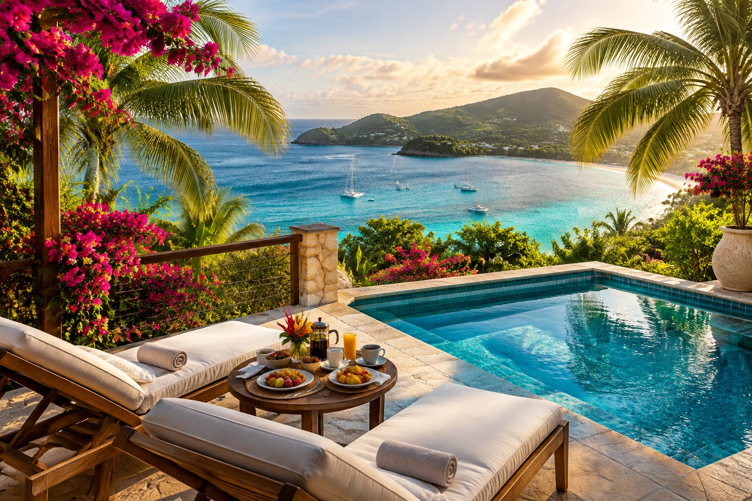 A resort terrace with lounge chairs overlooks turquoise water and green hills.