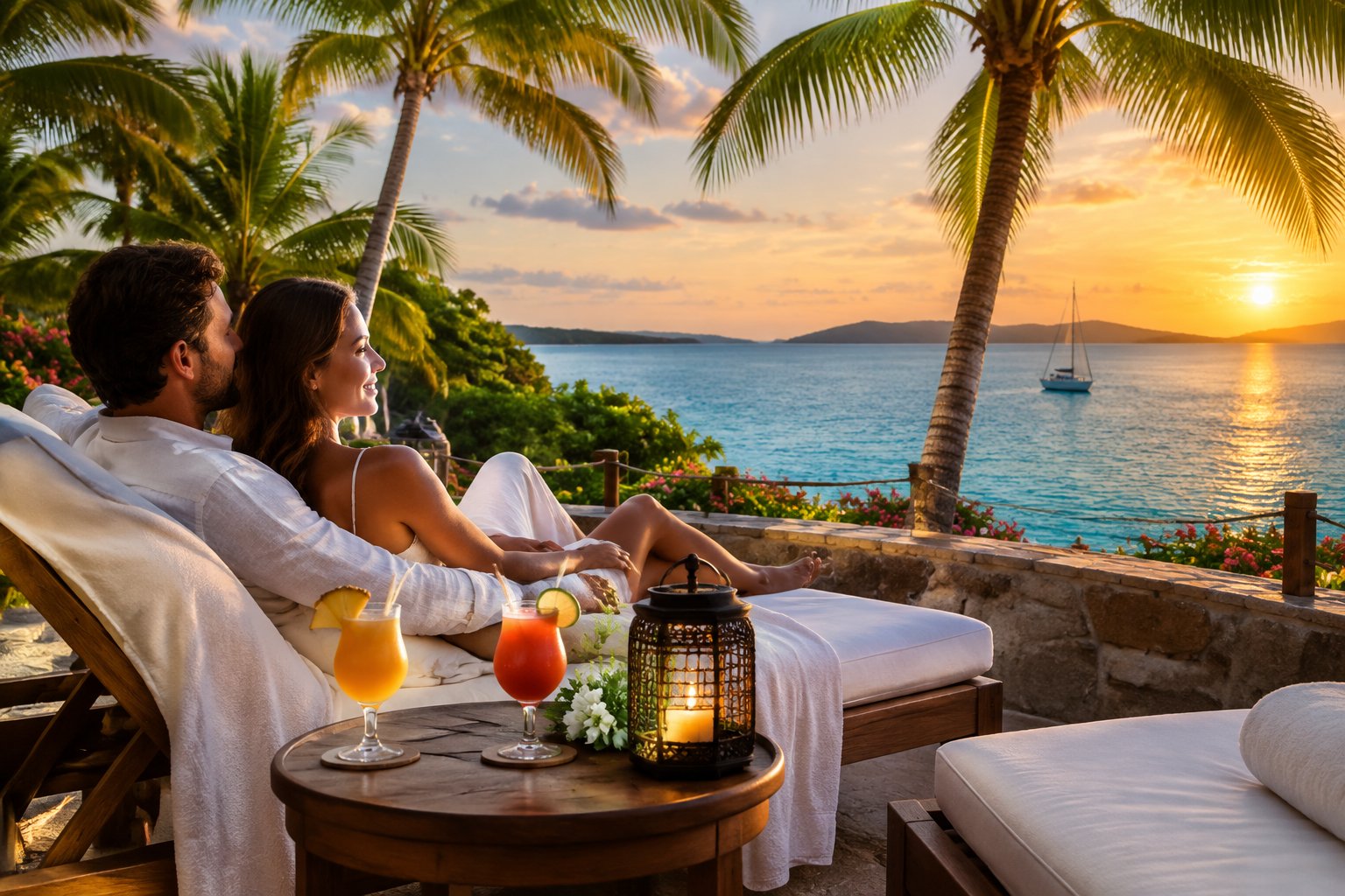 A couple relaxes on a beachfront terrace overlooking the Caribbean Sea.
