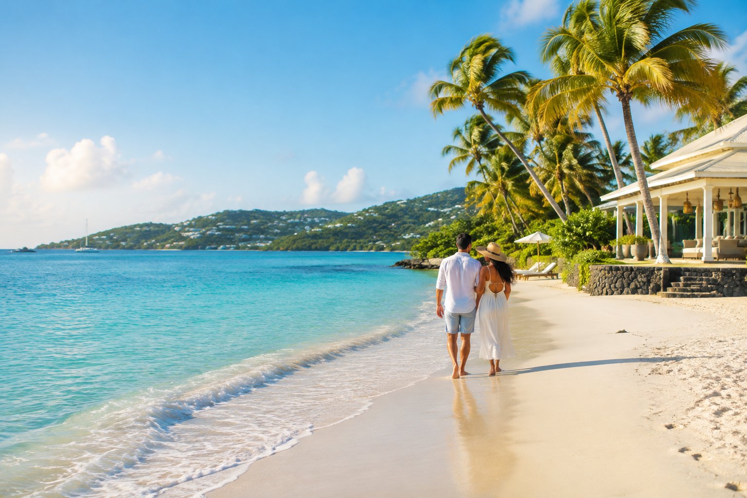 A couple strolls along a sunny beach beside a tropical resort on St. Thomas.