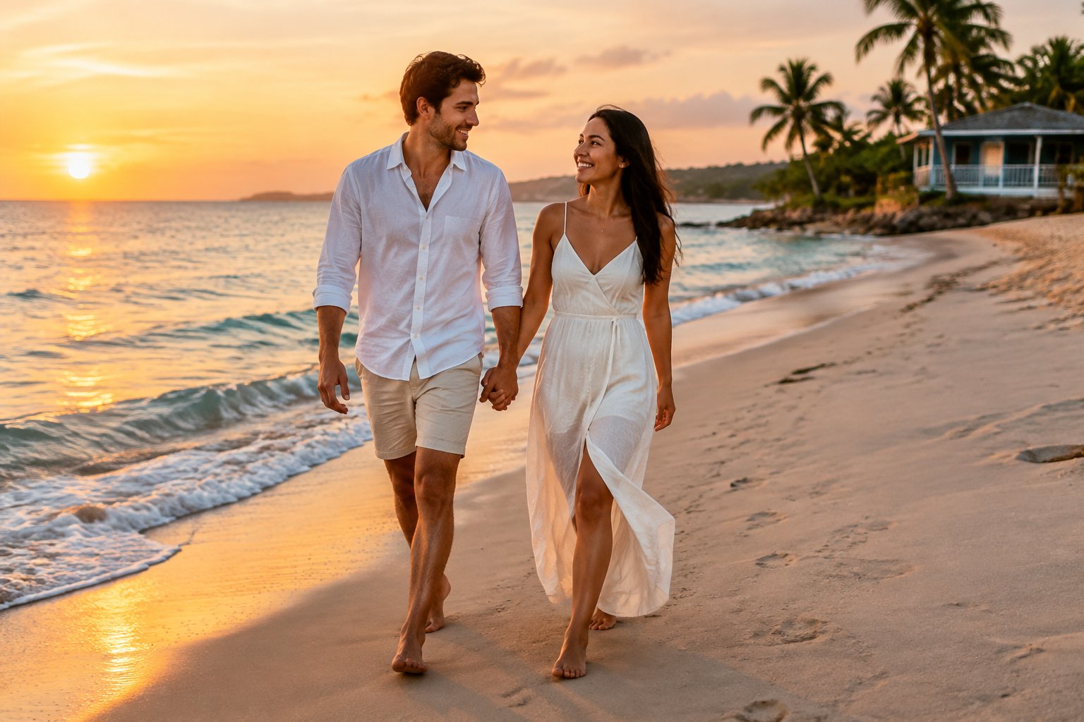 A newlywed couple walks hand in hand along a tropical beach.