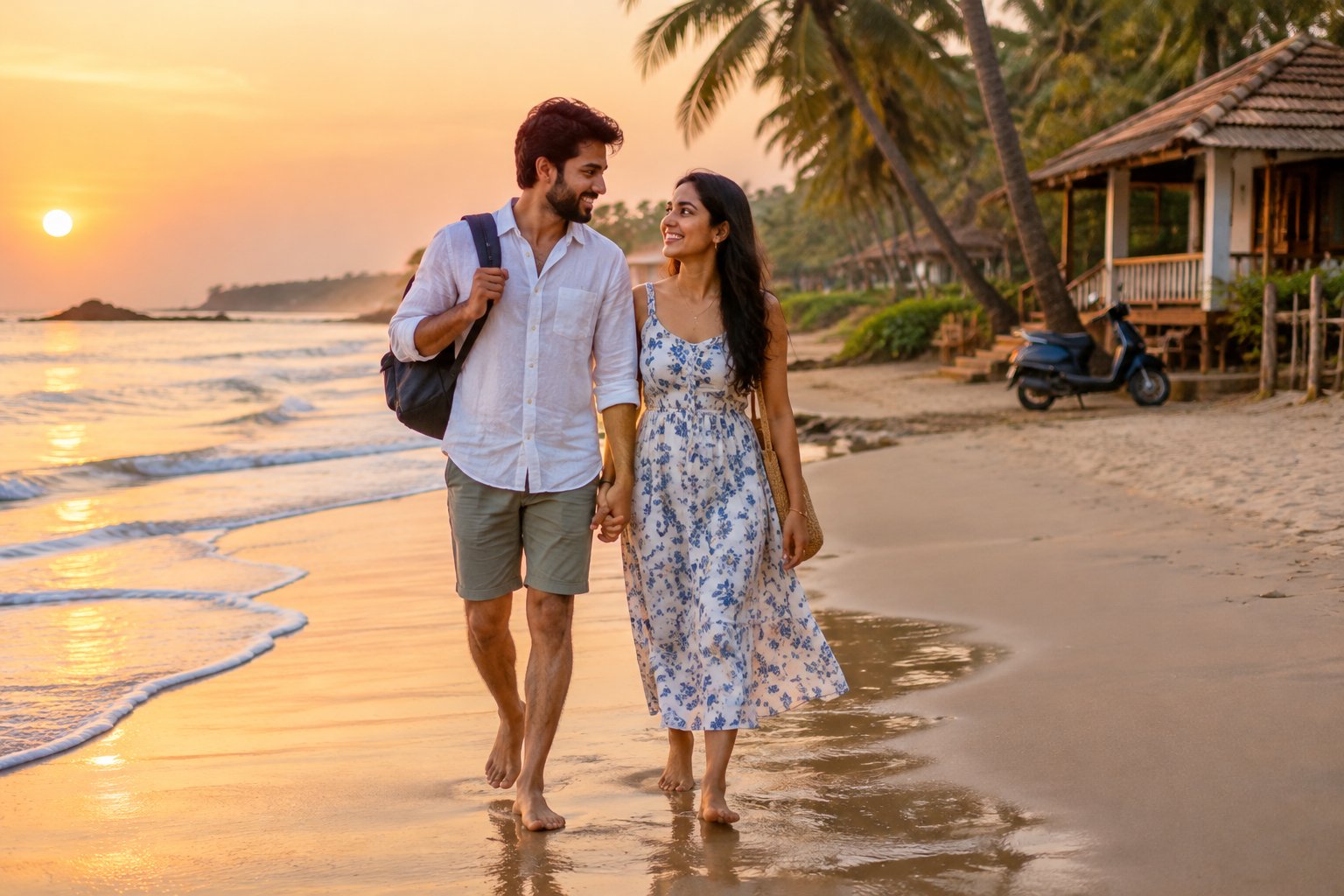 A newlywed couple walks together along a beach near a modest cottage.