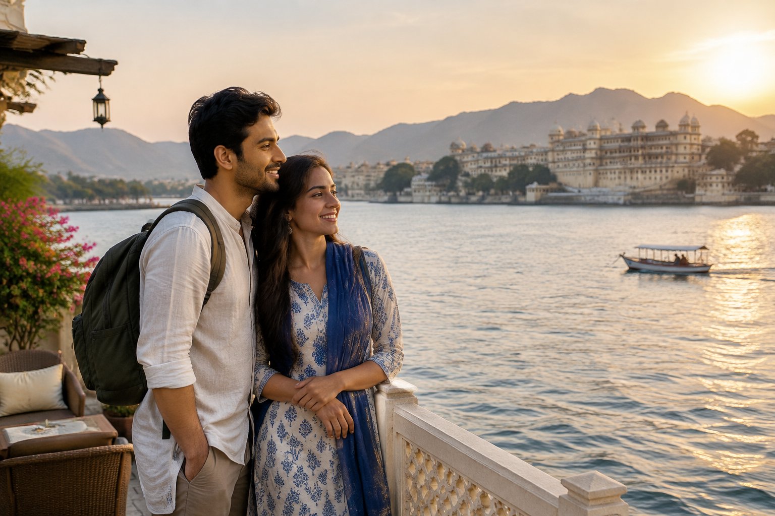 A newlywed couple enjoys a lakeside view with palace architecture in the distance.