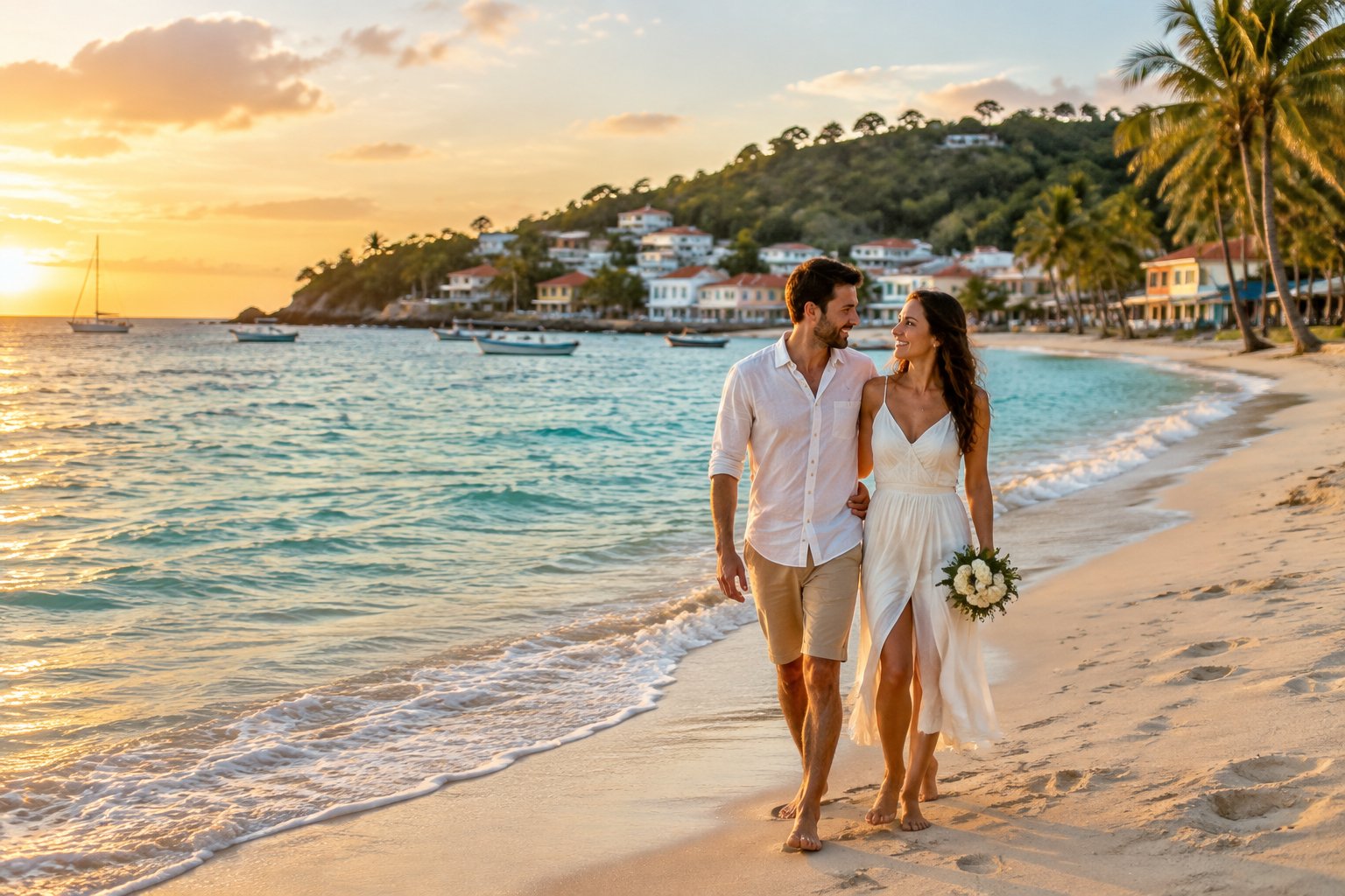 A newlywed couple walks together along a tropical beach beside a coastal town.