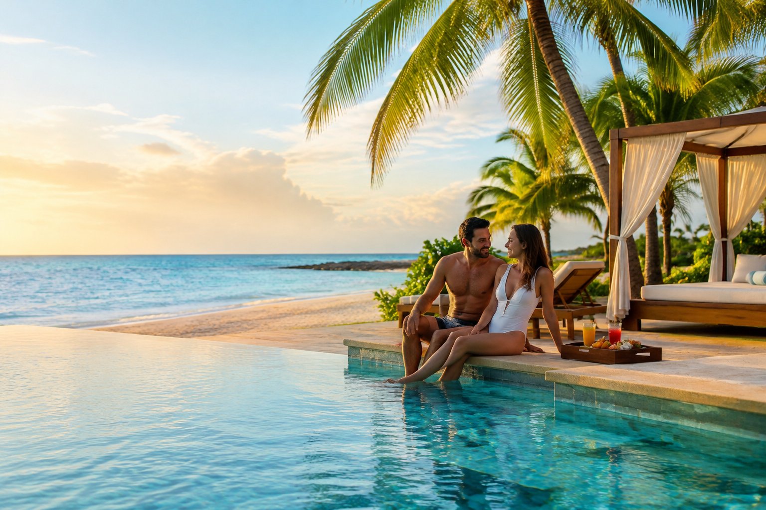 A couple shares a quiet moment beside a tropical resort pool overlooking the ocean.