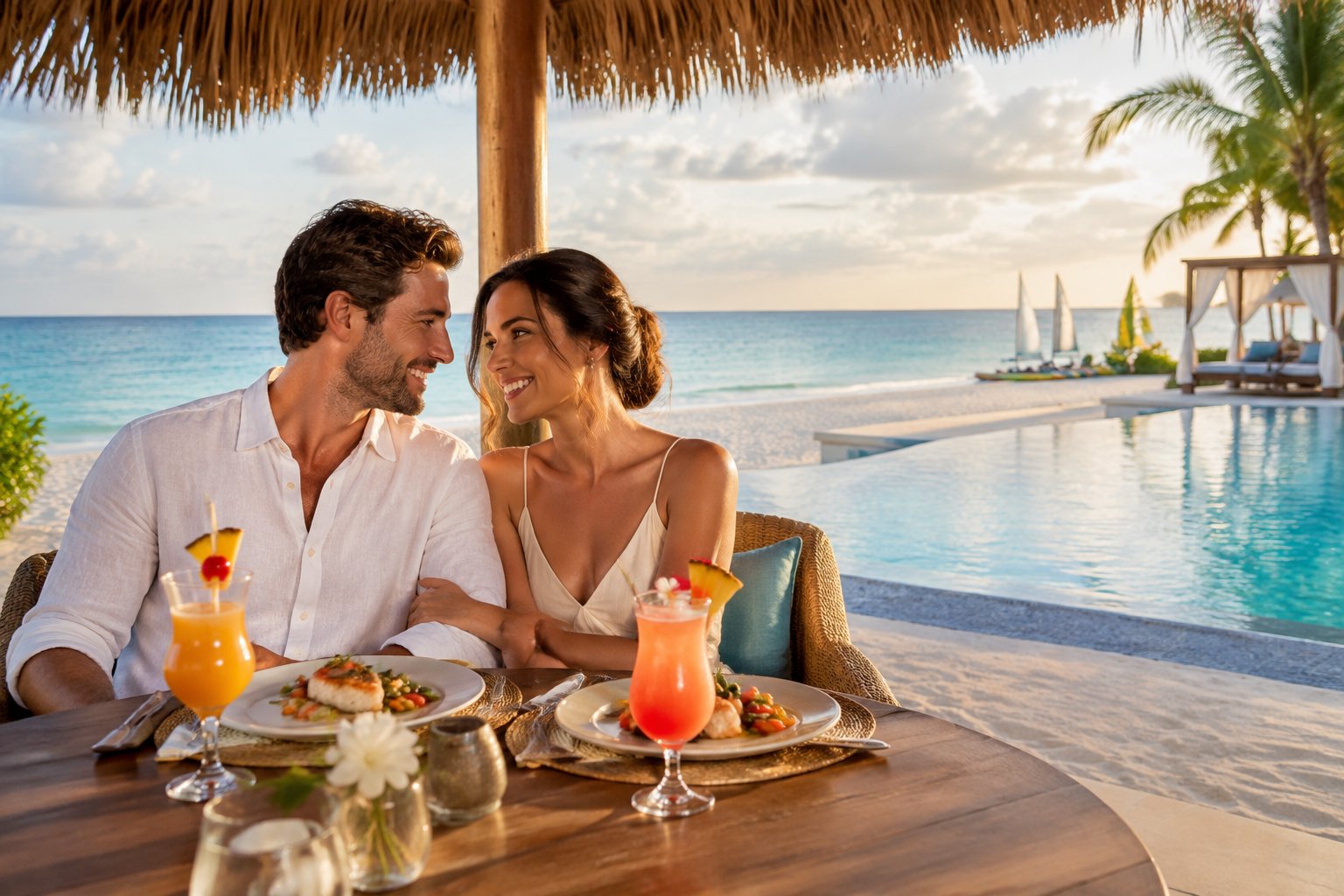 A newlywed couple shares a meal at a beachfront resort overlooking the ocean.