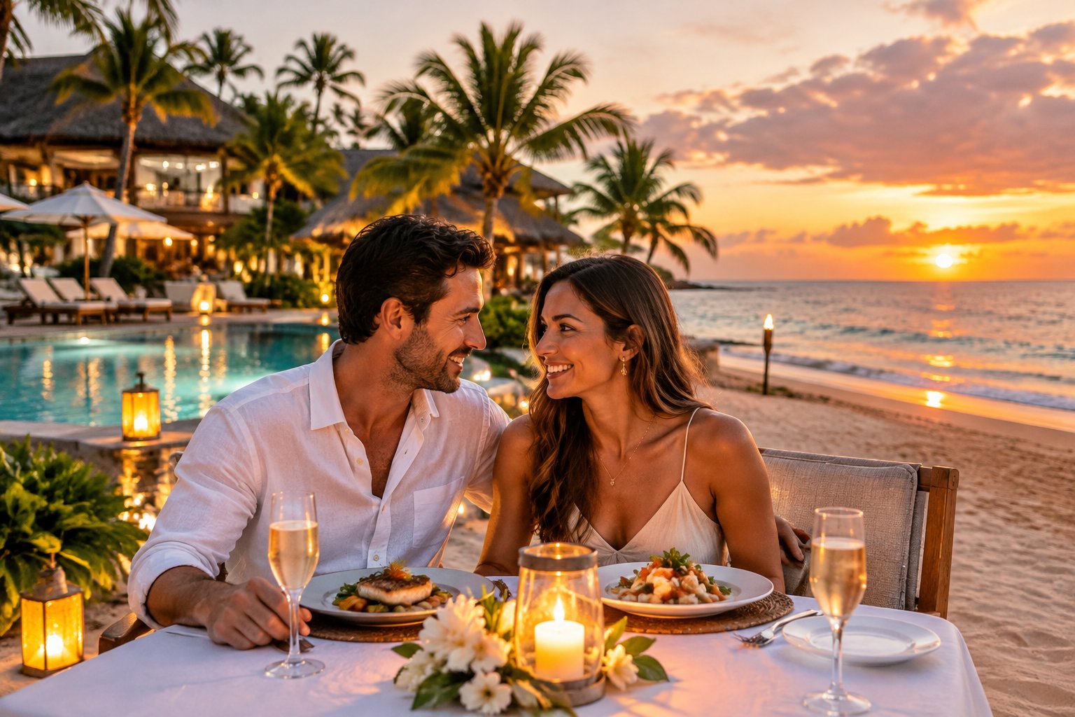 A newlywed couple shares a candlelit dinner on a tropical beach beside an all-inclusive resort.