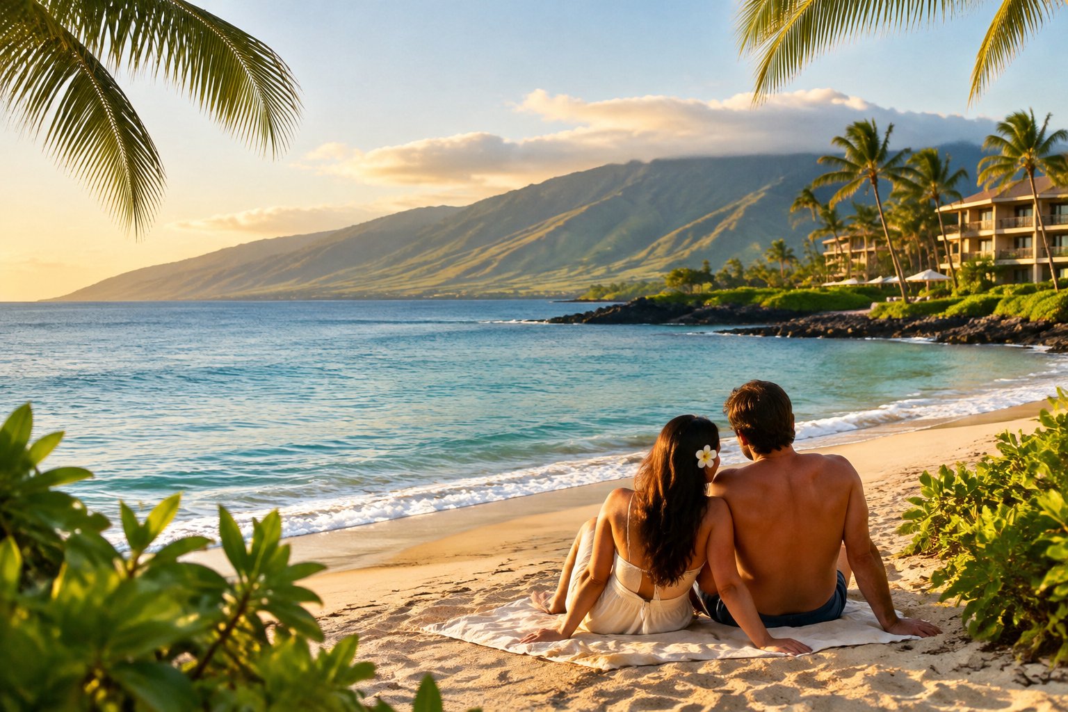 A couple relaxes on a Maui beach beside a tropical resort.