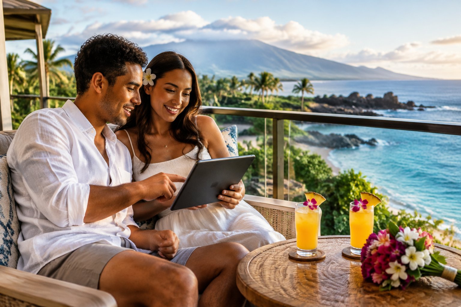 A couple reviews resort options together on a lanai overlooking the ocean in Maui.