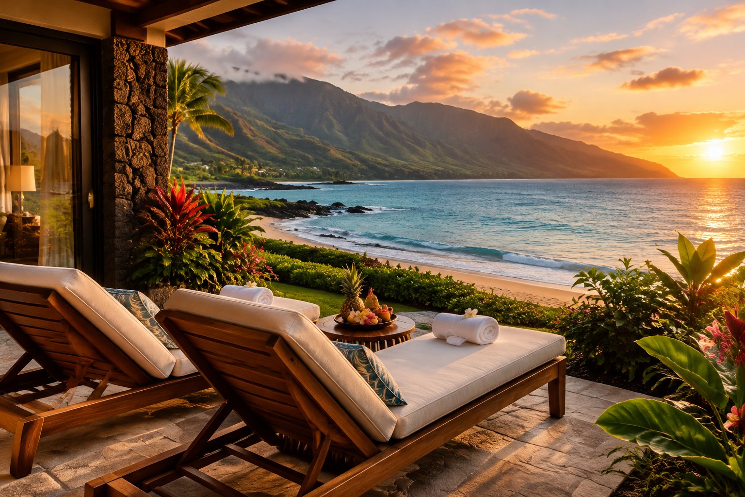 A beachfront resort lanai overlooking the ocean and green Maui mountains at sunset.