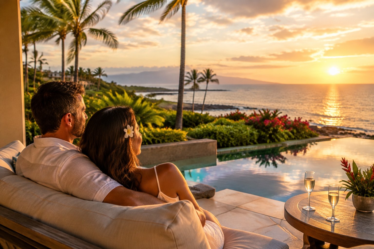 A couple sits together on a resort lanai overlooking the ocean in Maui.