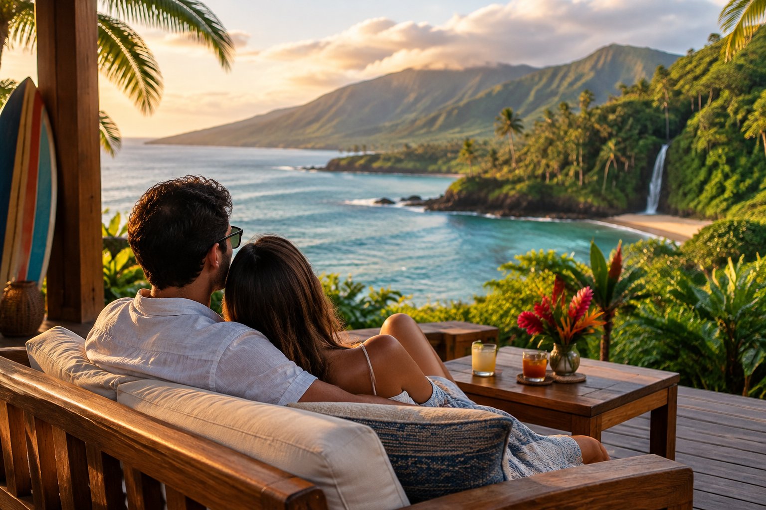 A couple relaxes together on a tropical resort lanai overlooking Maui’s green mountains and coastline.