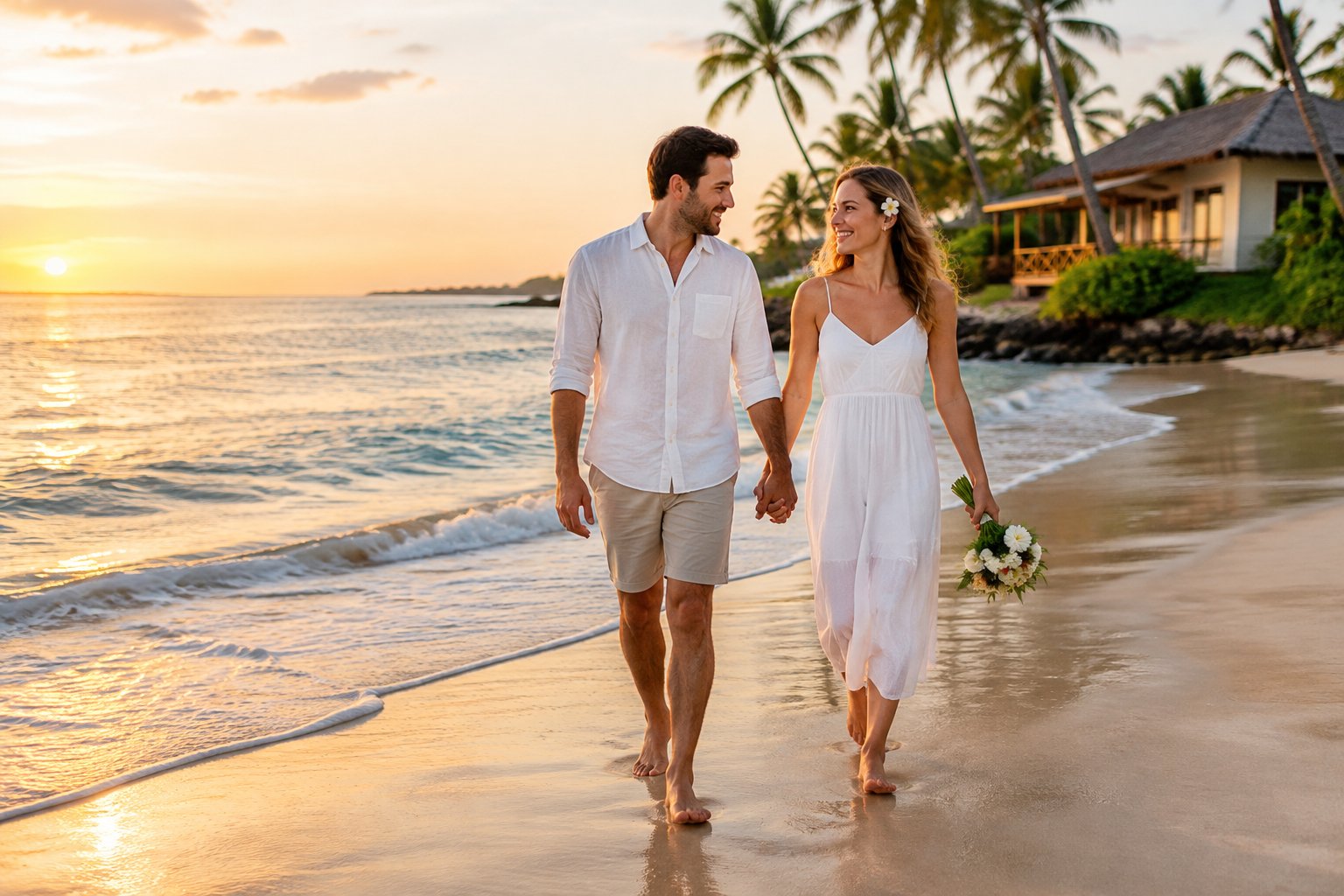 A newlywed couple walks hand in hand along a beach beside a seaside bungalow.