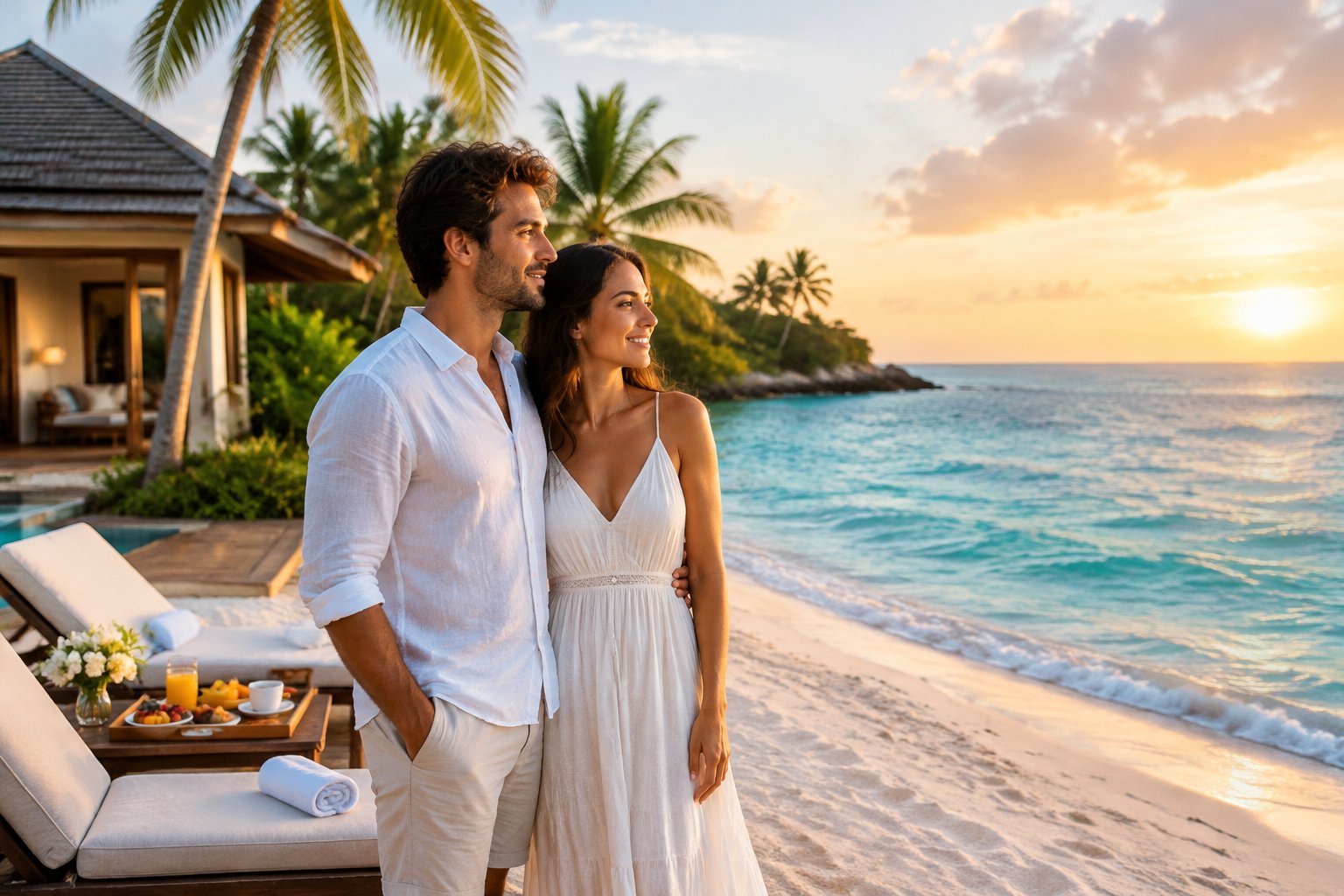 A newlywed couple relaxes together on a tropical beach beside a resort.