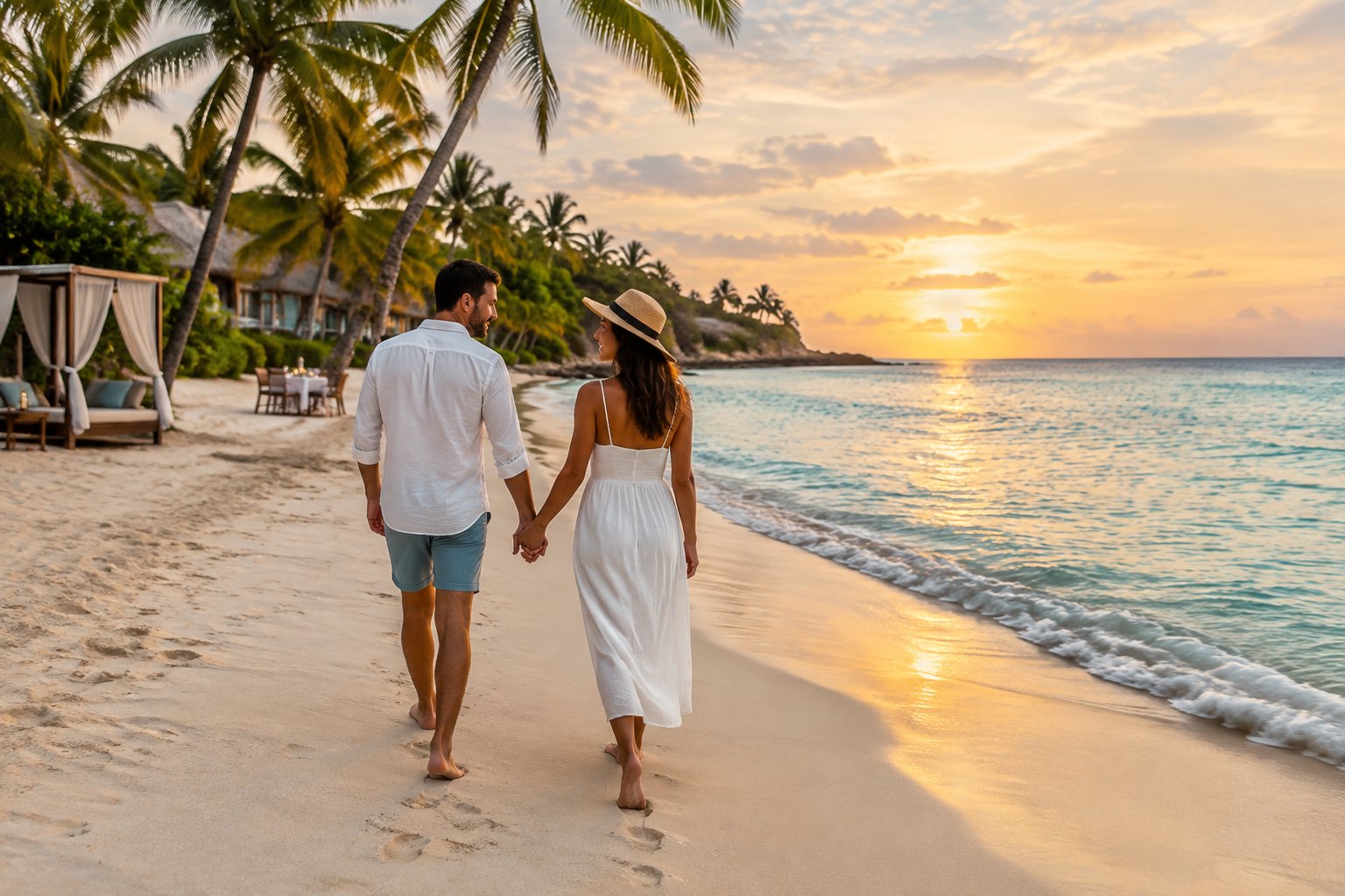 A newlywed couple walks together along a palm-lined beach beside a tropical resort.