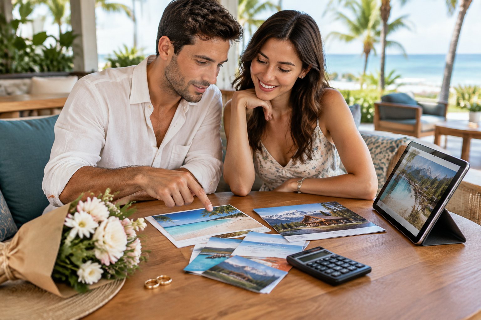 A newlywed couple compares travel brochures and options at a table.