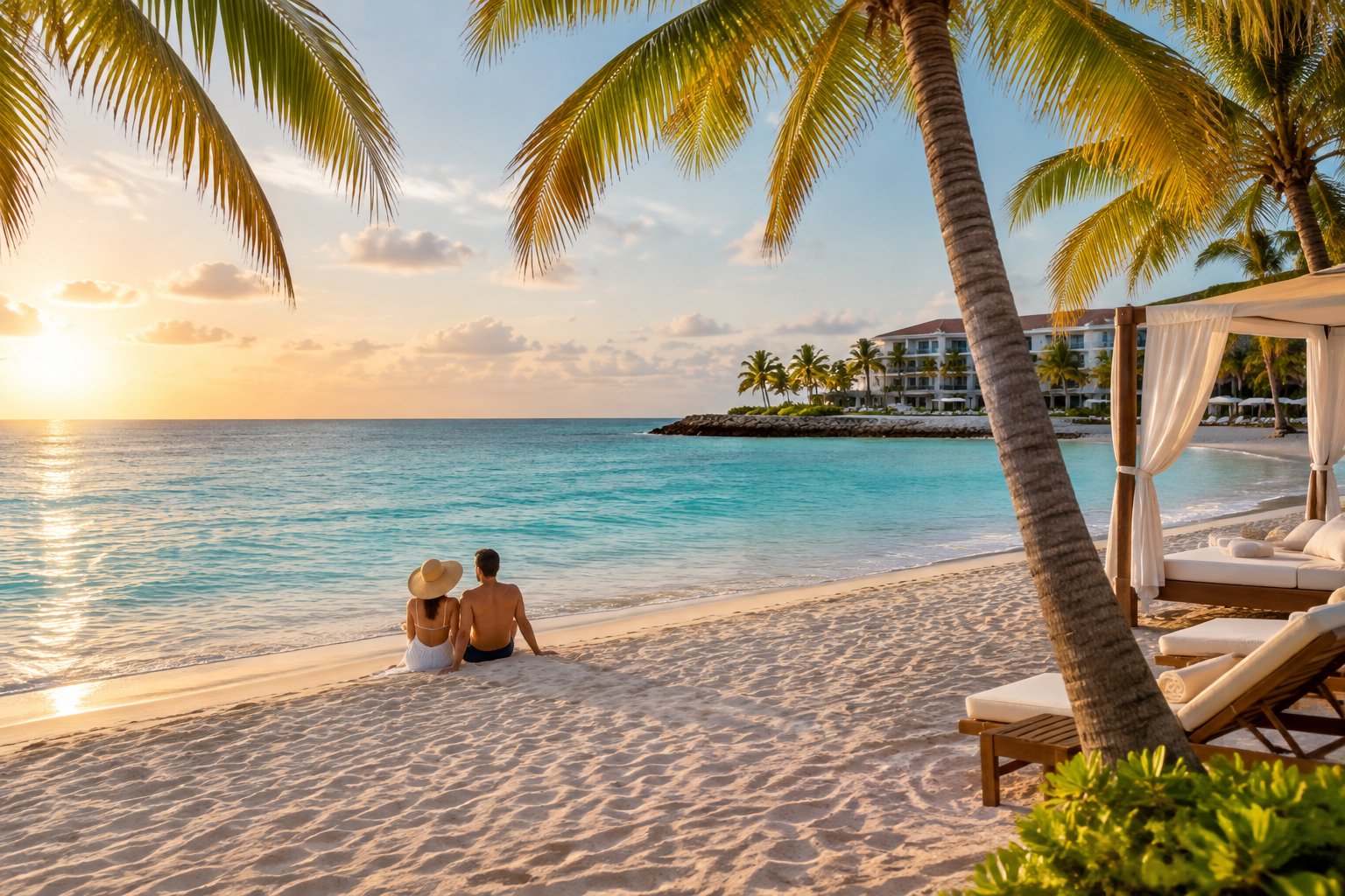 A couple relaxes beneath palm trees on a quiet Aruba beach beside turquoise water.
