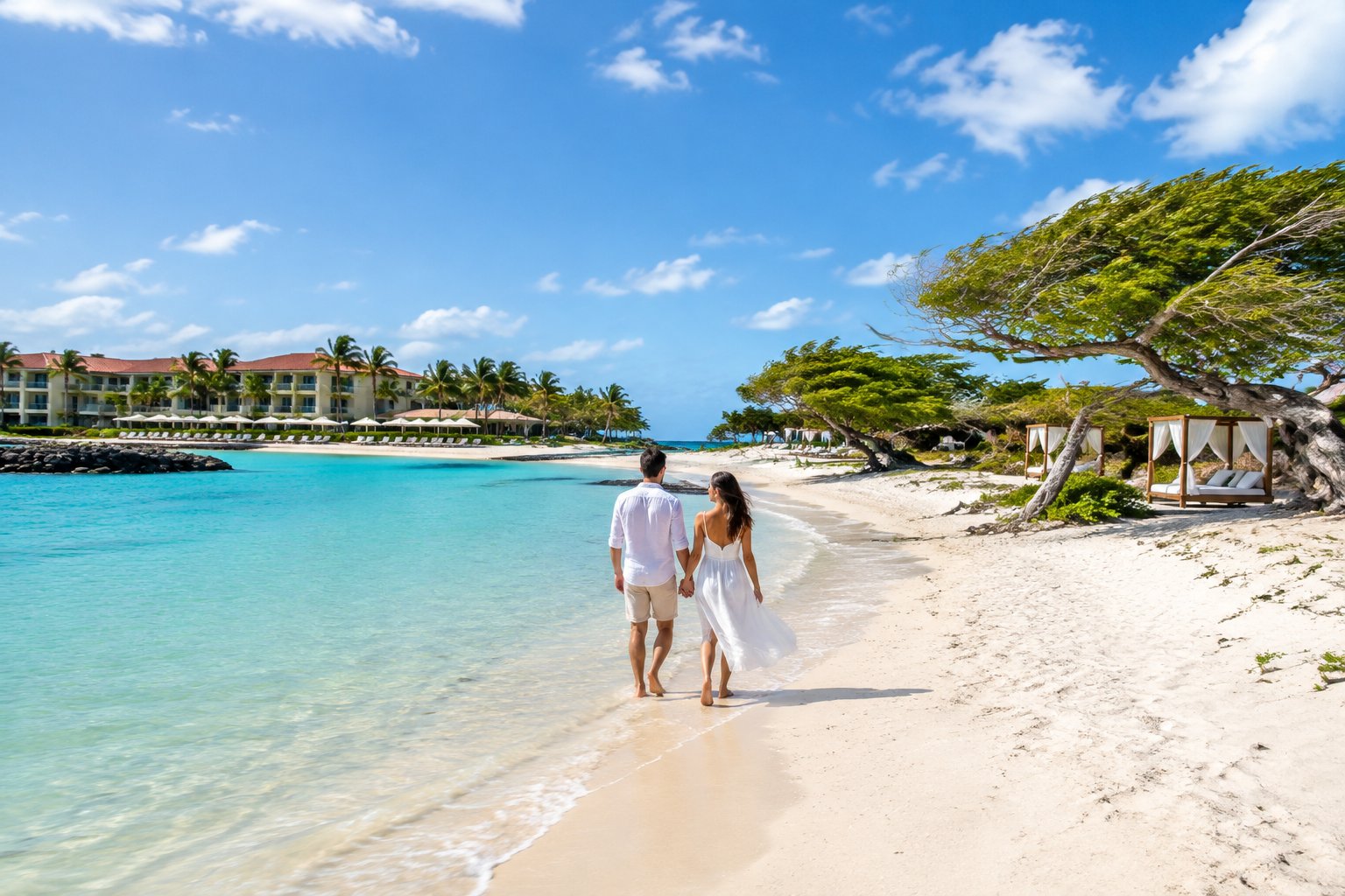 A couple walks along an Aruba beach between resort loungers and a secluded stretch of sand.