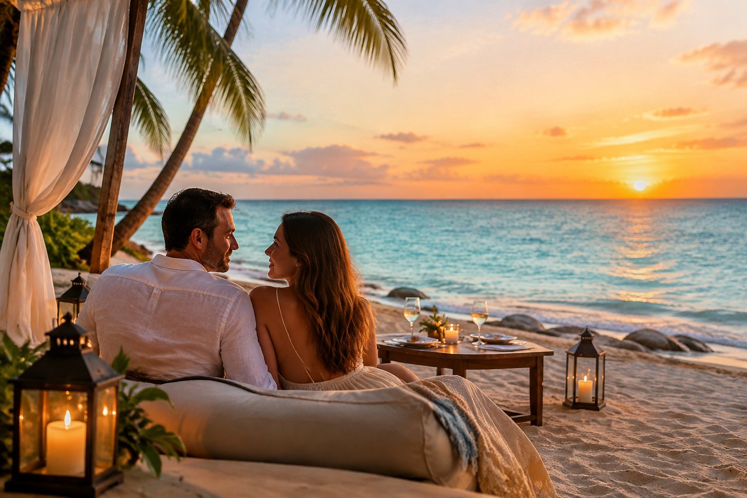 A couple shares a sunset moment on a quiet Aruba beach.
