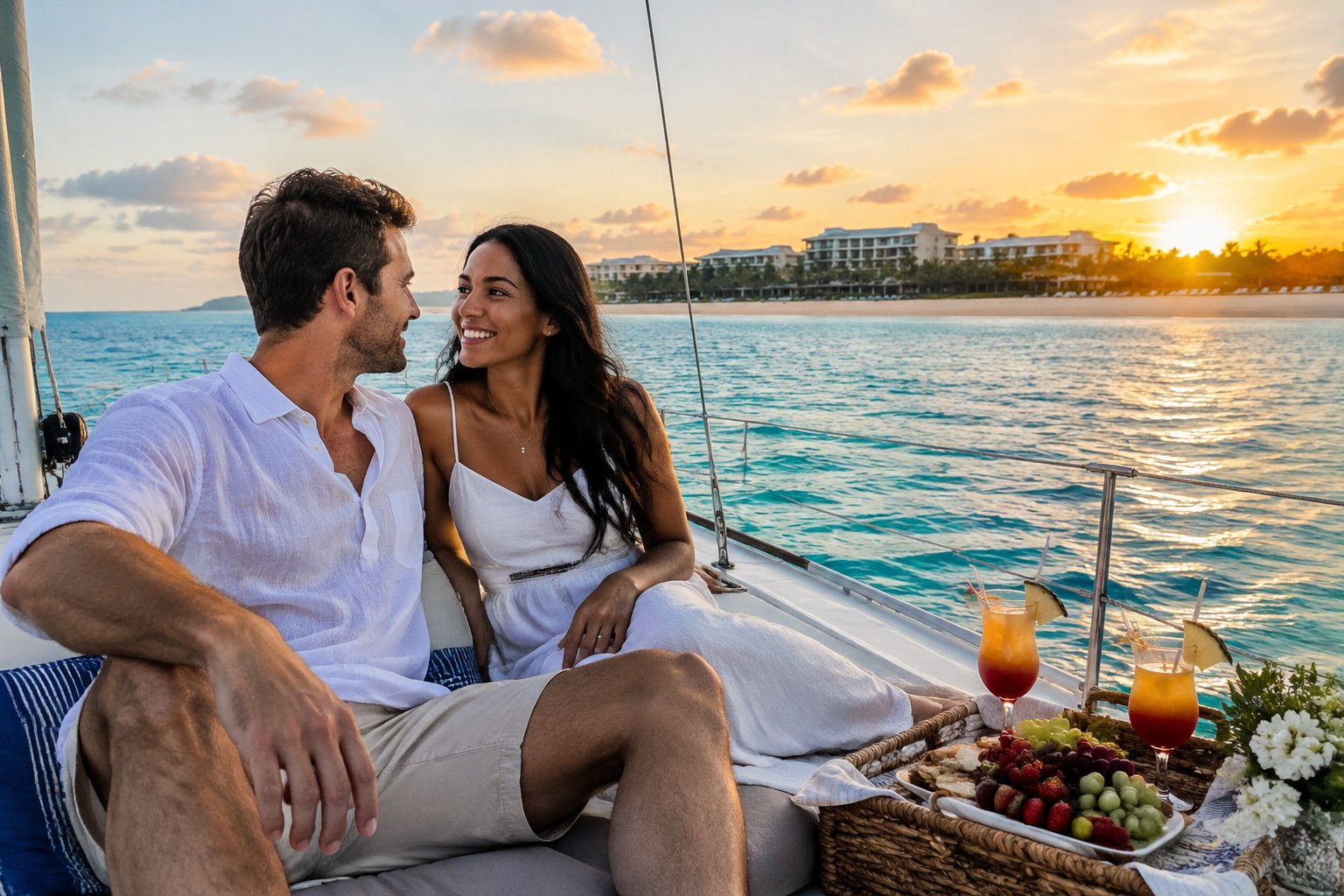 A newlywed couple shares a sunset moment on a sailboat off Aruba.