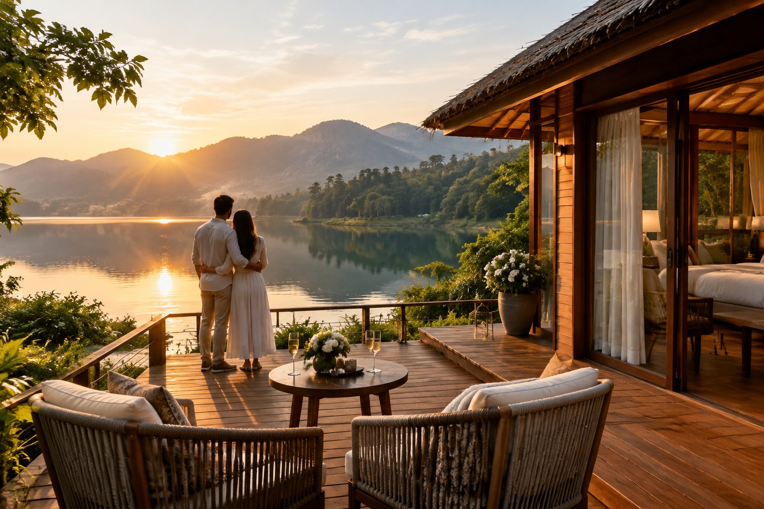A couple enjoys a quiet view of a mountain lake from a resort deck.