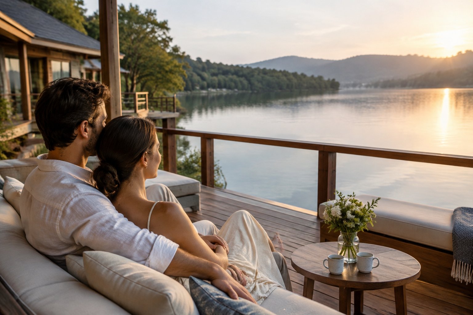 A couple sits together on a resort terrace overlooking a calm lake.
