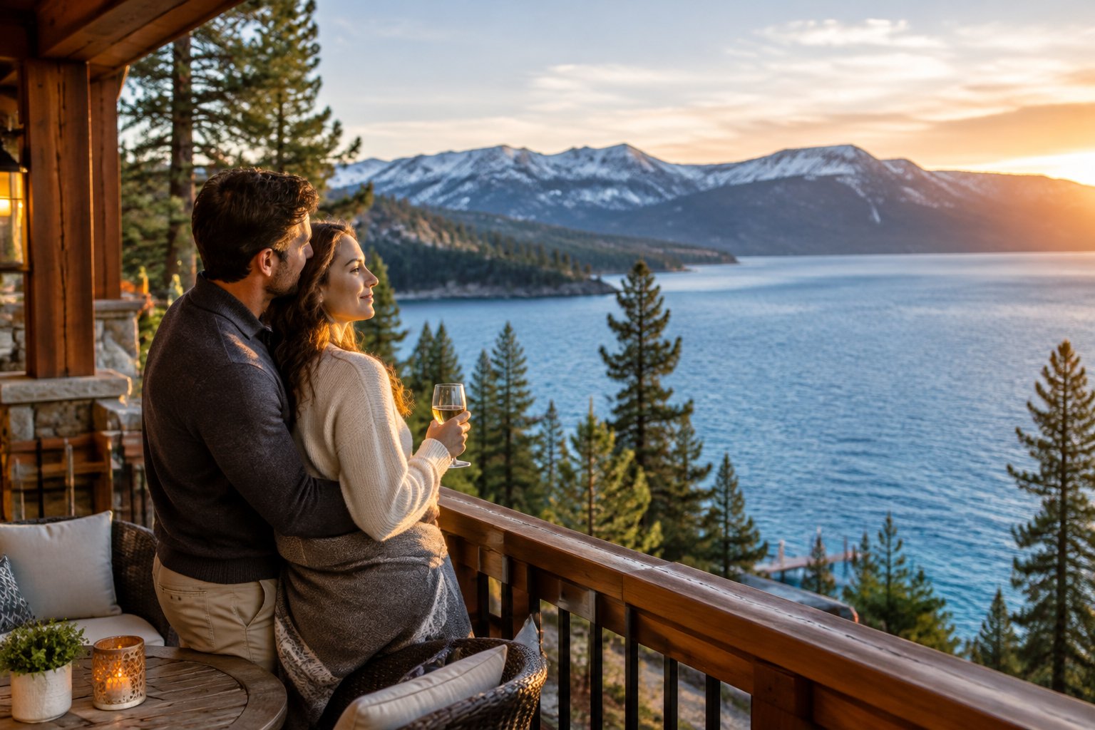 A couple stands together on a resort balcony overlooking Lake Tahoe and forested mountains.