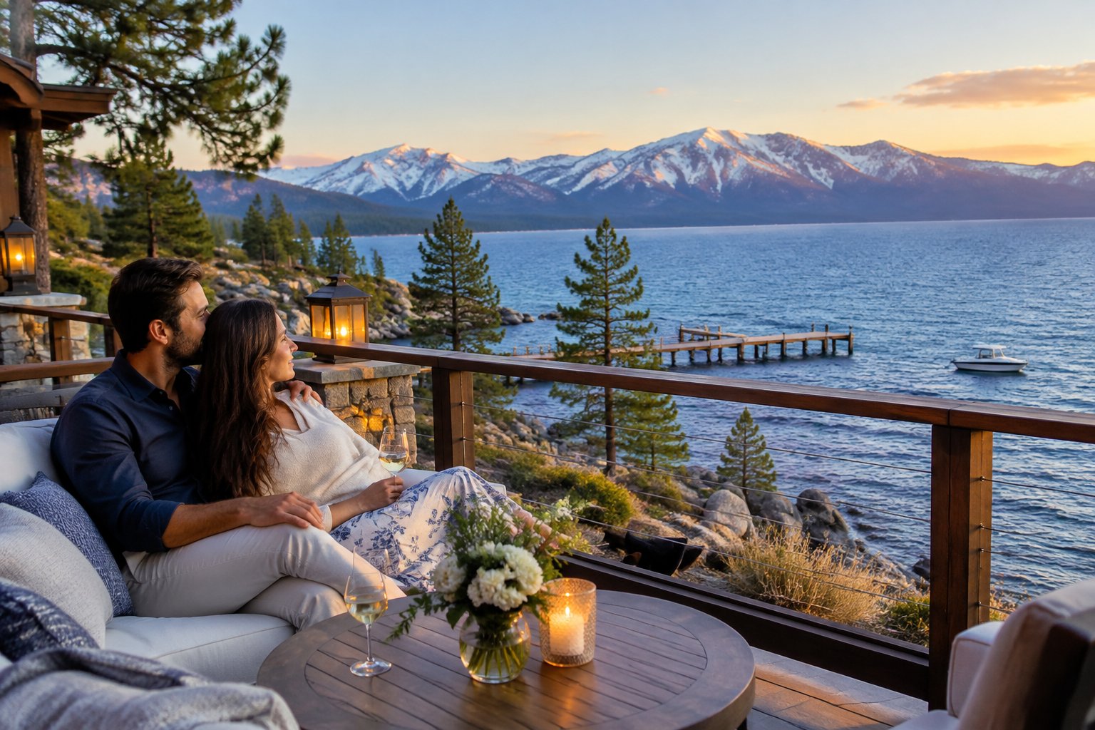 A couple shares a quiet moment on a lakeside resort terrace overlooking Lake Tahoe and the mountains.