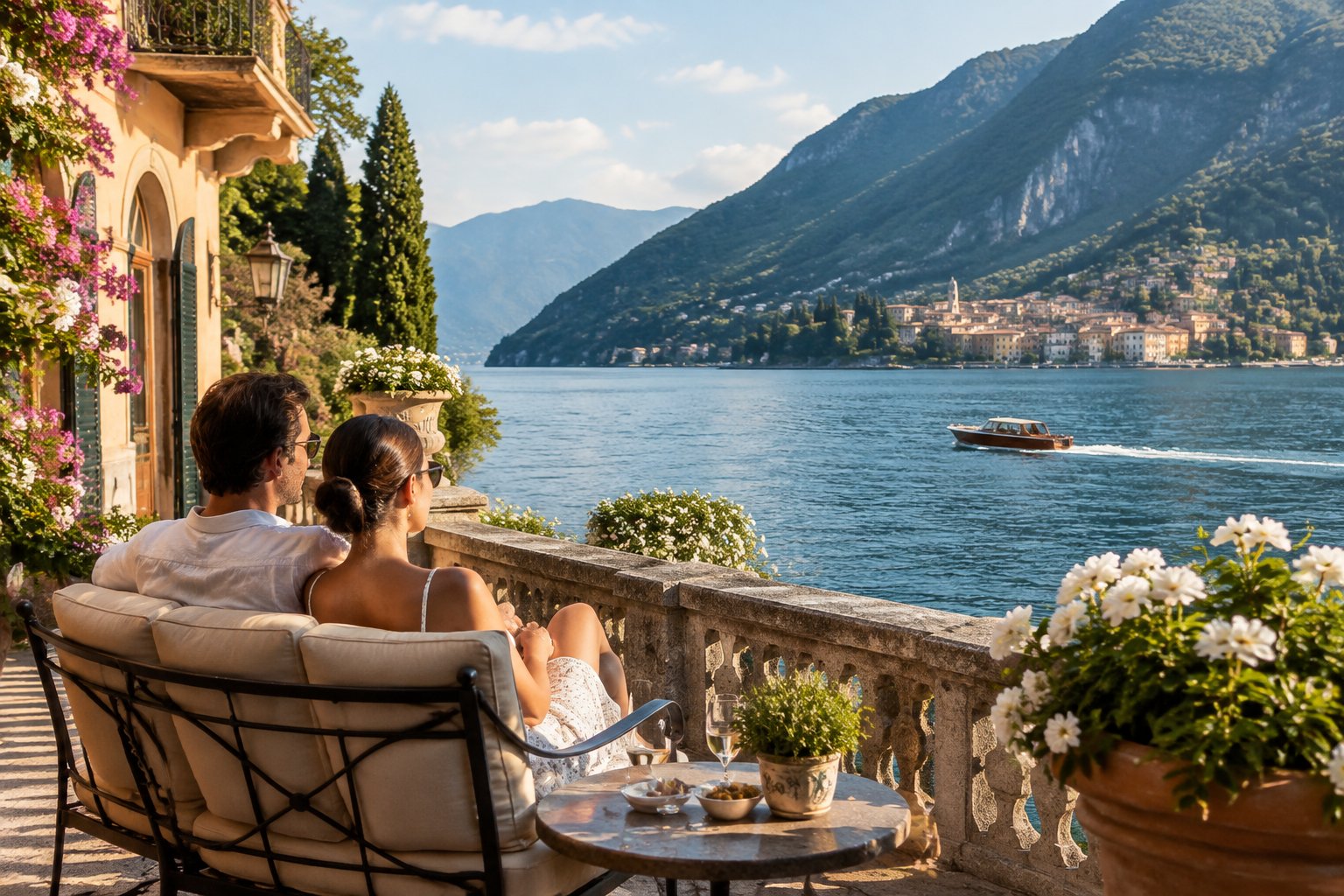 A couple relaxes on a resort terrace overlooking Lake Como and the surrounding mountains.