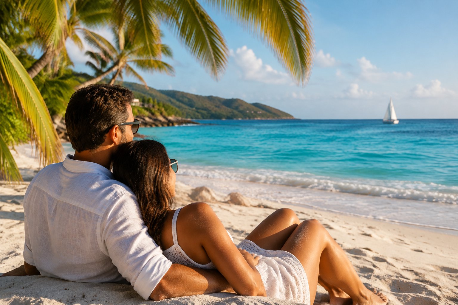 A newlywed couple relaxes together on a tropical beach overlooking turquoise water.
