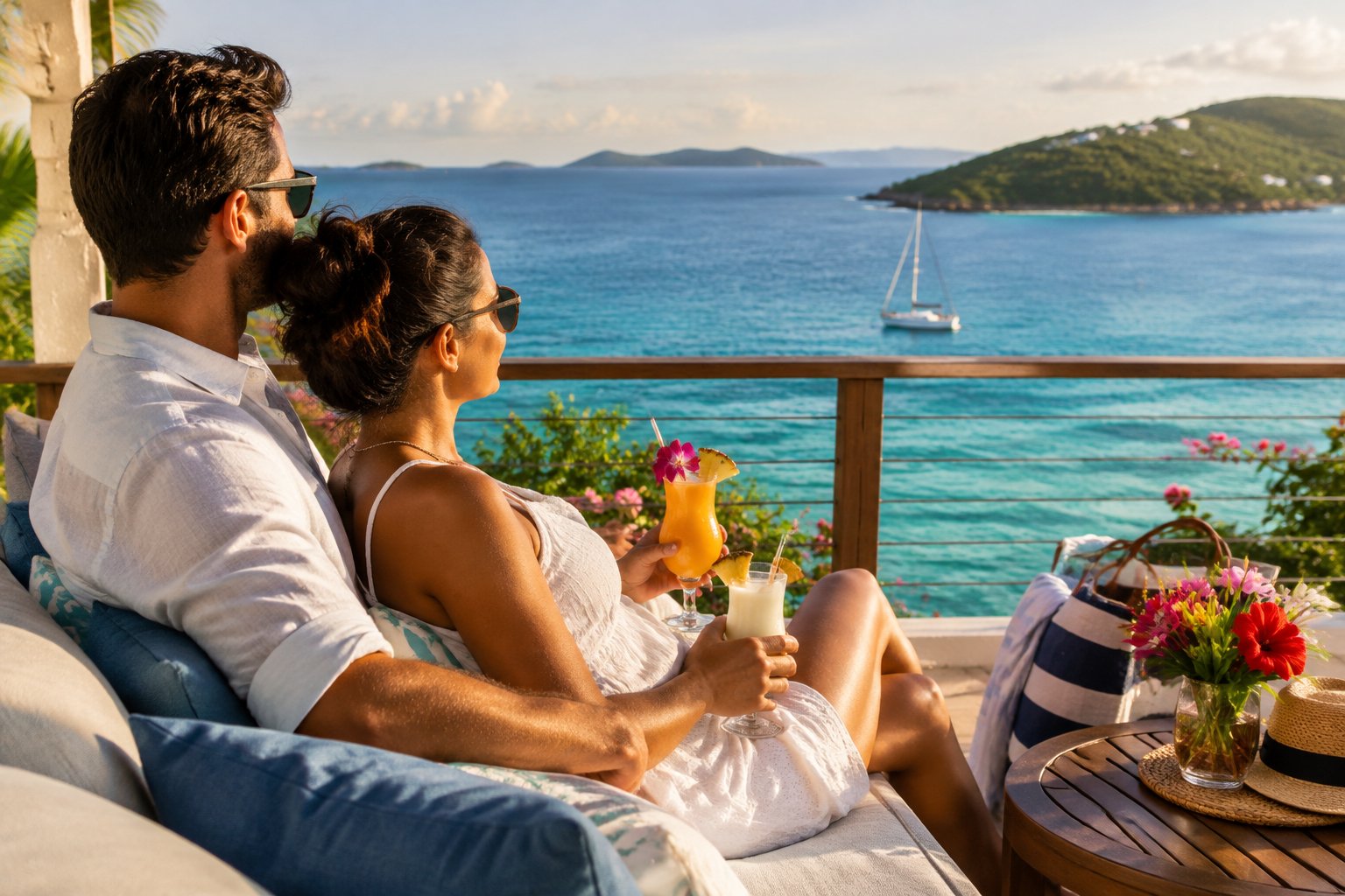 A newlywed couple relaxes on a resort terrace overlooking the Caribbean Sea.