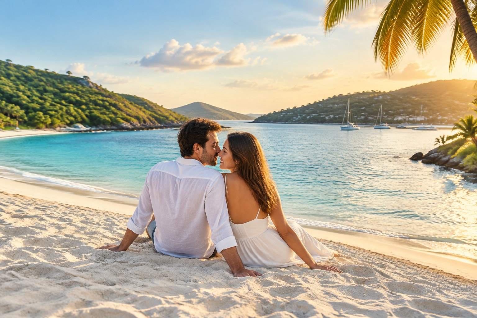 A newlywed couple relaxes together on a tropical beach overlooking turquoise water.